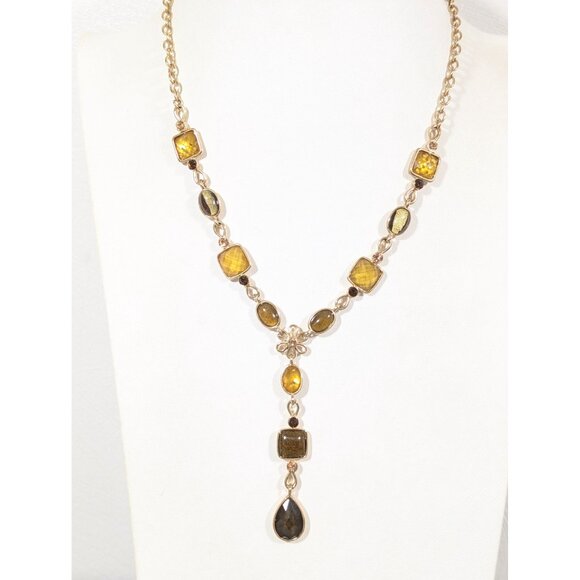 Elegant Gold Tone Y-Drop Golden Cabochon Statement Necklace 17" - Picture 1 of 9